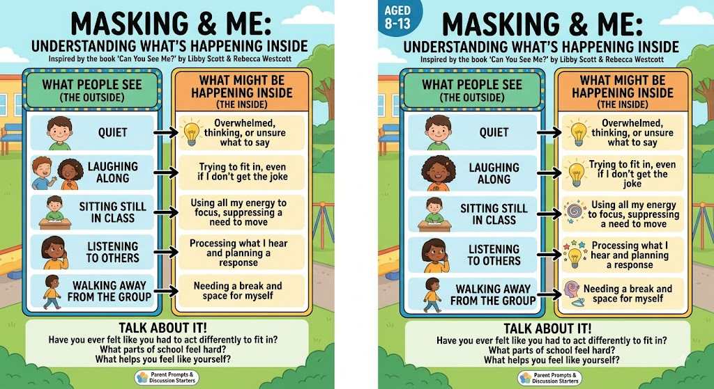 Masking and Me activity comparing what people see on the outside with overwhelm, uncertainty, effort, or a need for space on the inside.